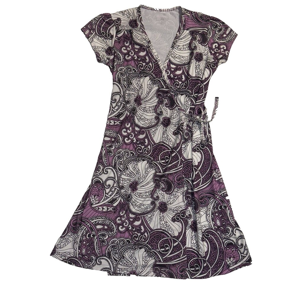 Athleta Wrap Dress Medium Purple White Floral Paisley Athletic Athleisure Midi